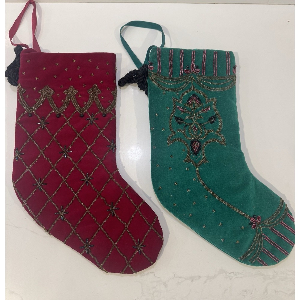 Beaded christmas stockings set of 2 vintage
